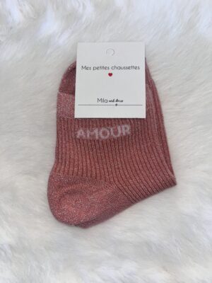 Chaussette rose poudrée à paillettes « amour »