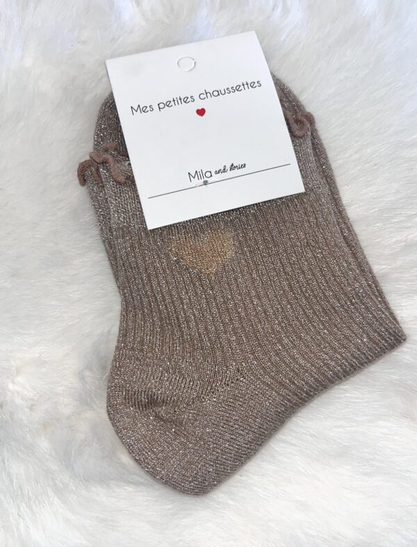 Chaussette taupe à paillettes « coeur»