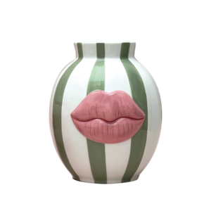 Vase vert et blanc rayé, bouche rose