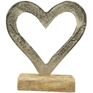 Cœur argenté socle en bois